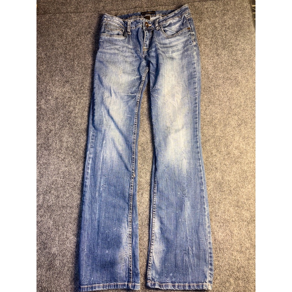 Southpole Jeans Womens Size 7 Blue Denim Faded Flat Front Whiskered Bootcut Leg‎